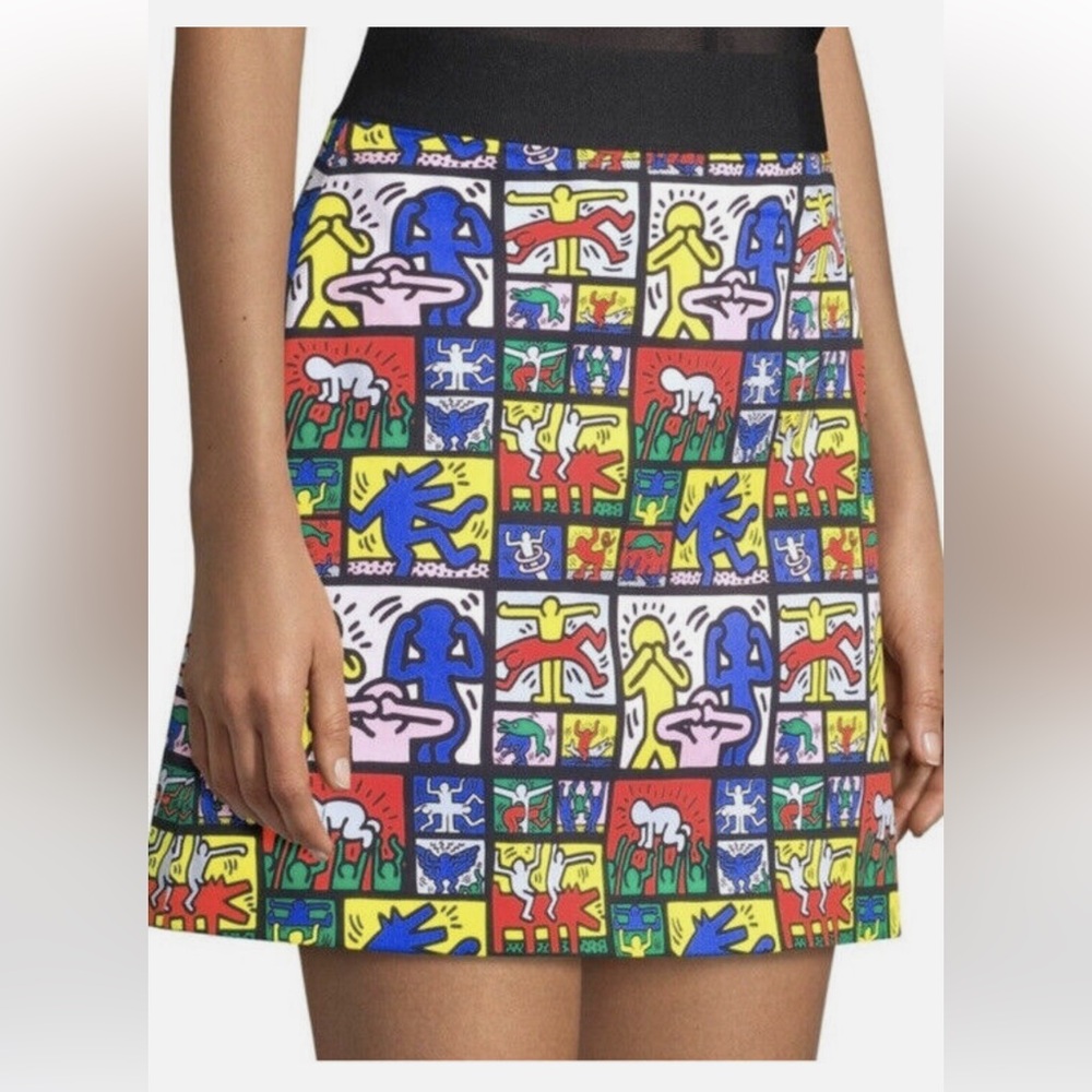 Keith Haring x Alice + Olivia Riley Wide-Waistband A-Line Short Skirt
